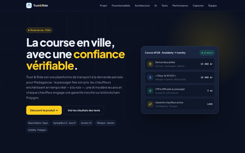 Page de présentation de Trust & Ride : une course en direct avec enchère vocale et garantie sur Polygon