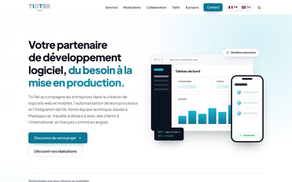 Page d’accueil du site TicTek en thème clair